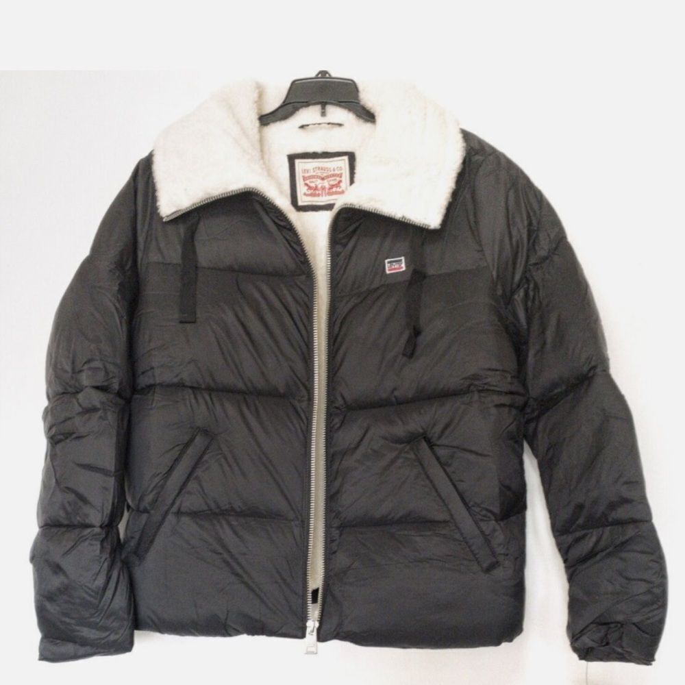 Levis Nylon Puffer Jacket Sherpa Black Zipper Up Women Size XL